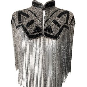Gunmetal and Black Art Deco Hand Beaded Fringe Cape